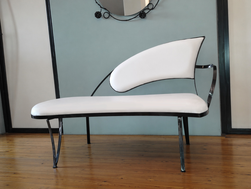 Iron-framed sofa Young artistic minimalist design beige vinyl upholstery