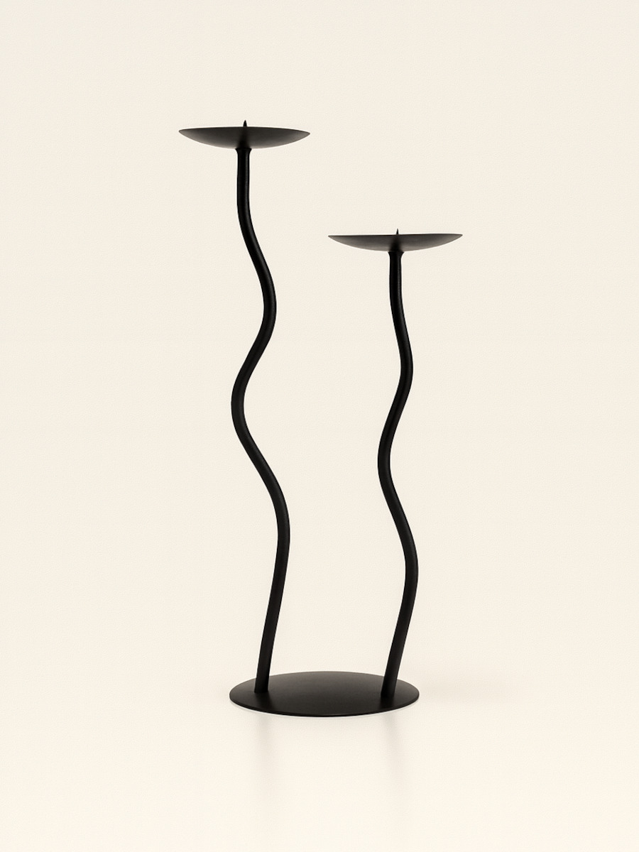 Wrought iron candle holder double wavy squiggle stems