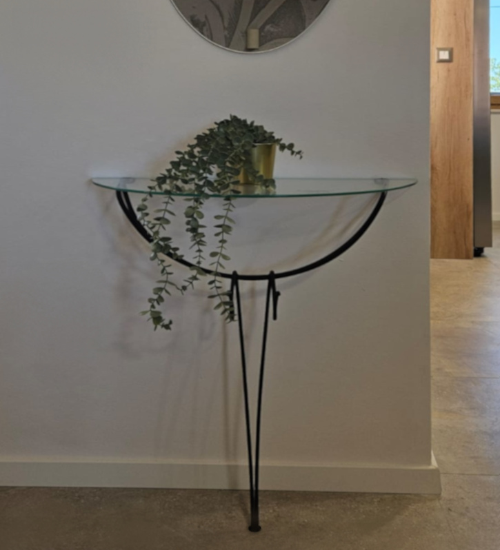 Wrought iron console table with glass top and wall mirror contemporary design