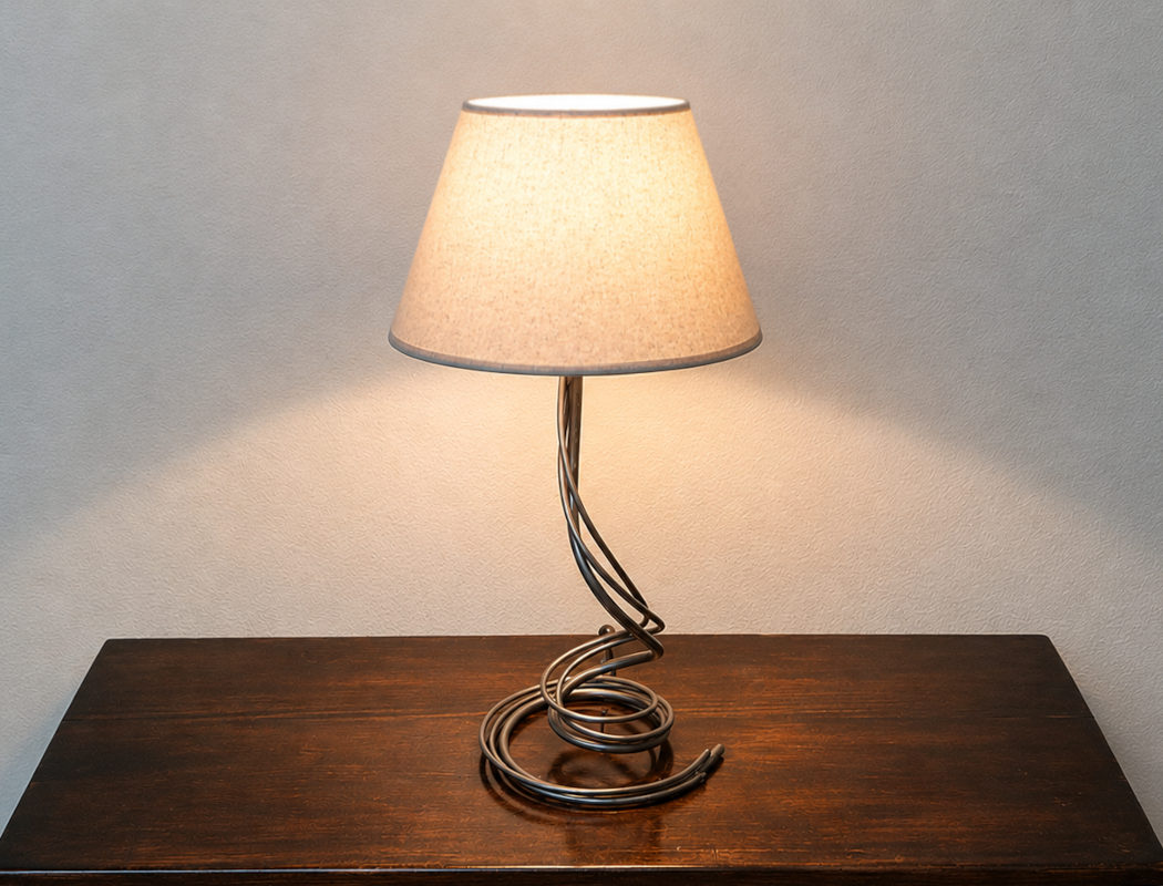 Wrought iron spiral base table lamp cone fabric lampshade