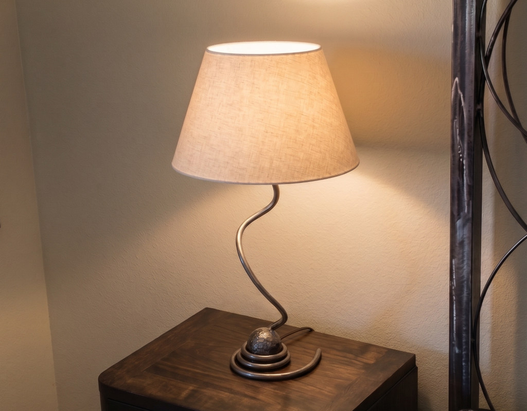 Wrought iron table lamp beige fabric lampshade bedside night lamp