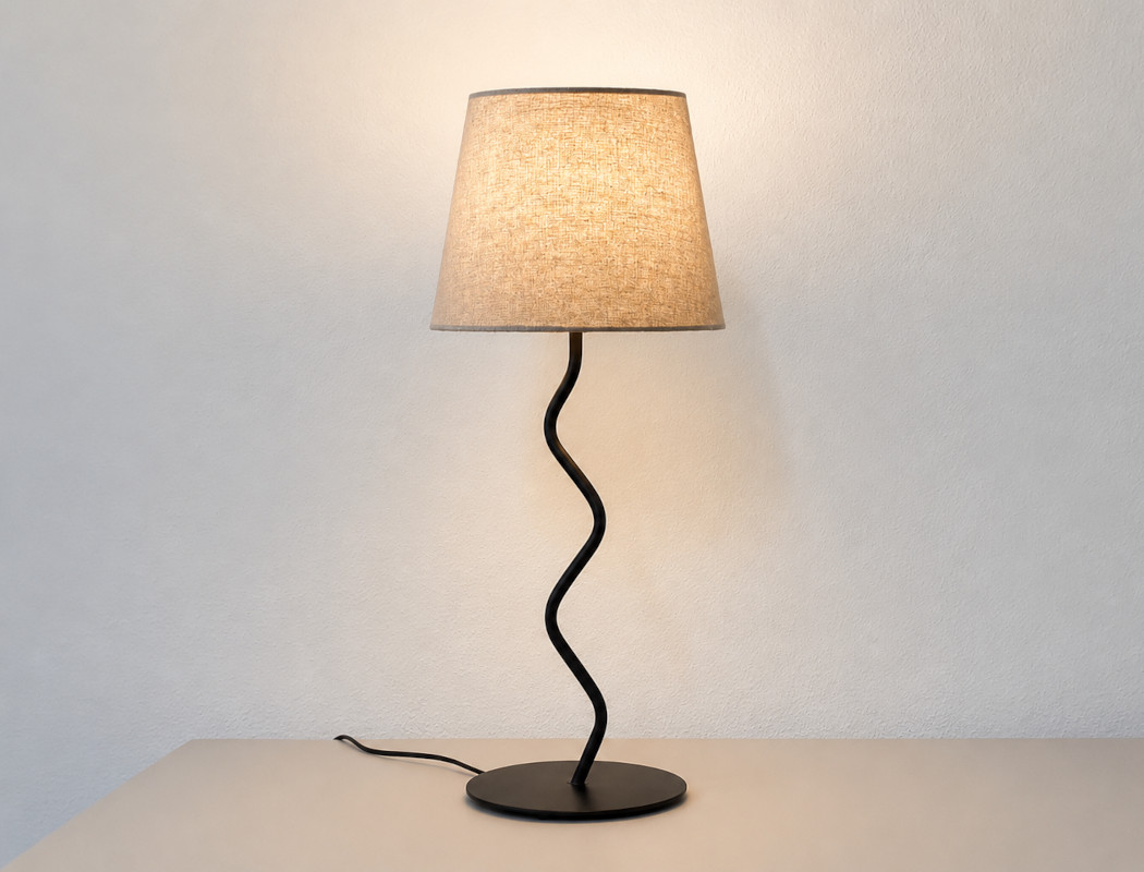 Wrought iron wavy squiggle table lamp natural beige linen lampshade