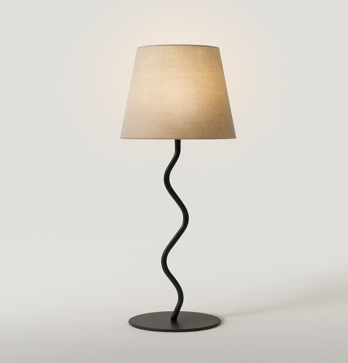 Wrought iron wavy squiggle table lamp with natural linen lampshade